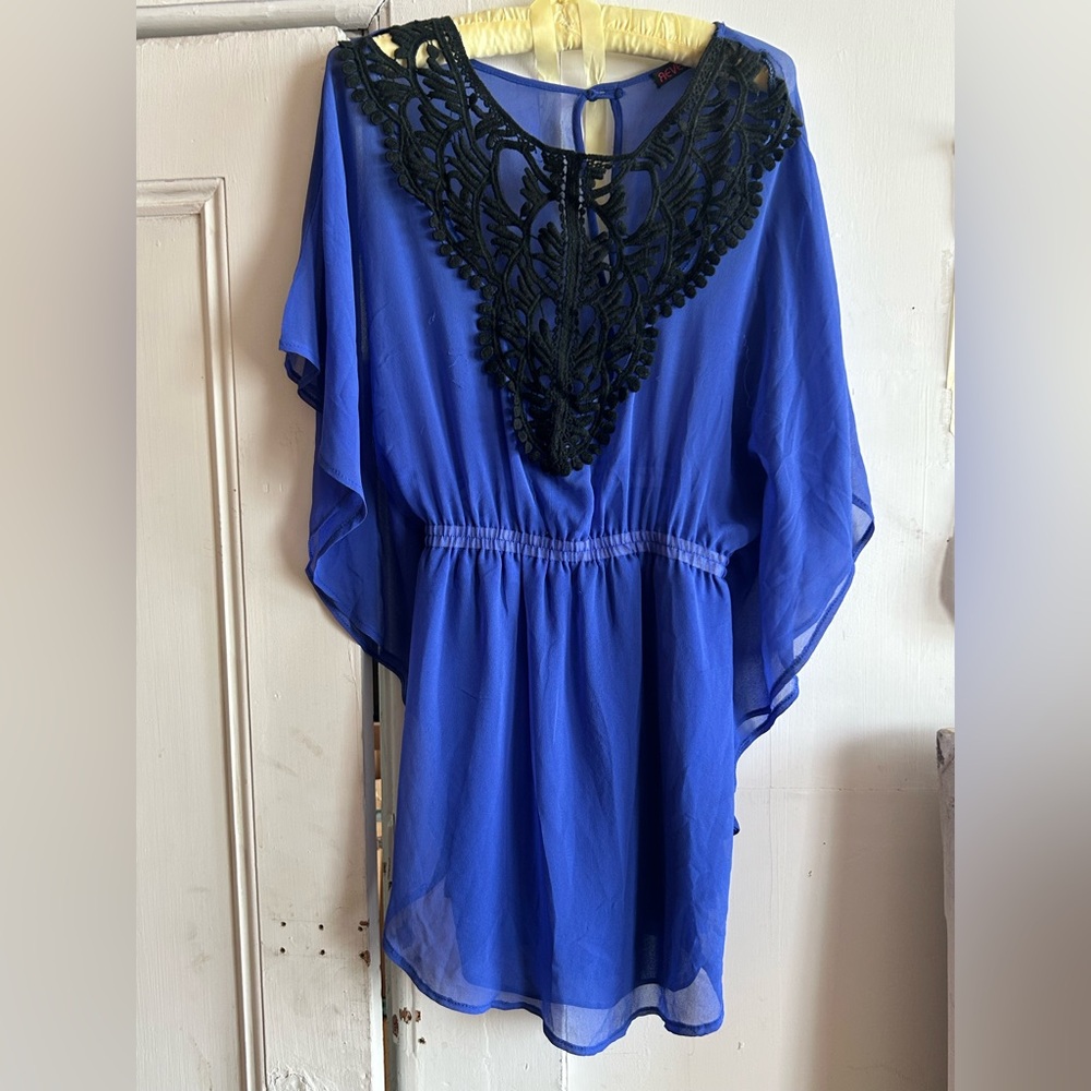 Disco fantasy! Deep Blue Top/Mini Dress with Black Lace Accent